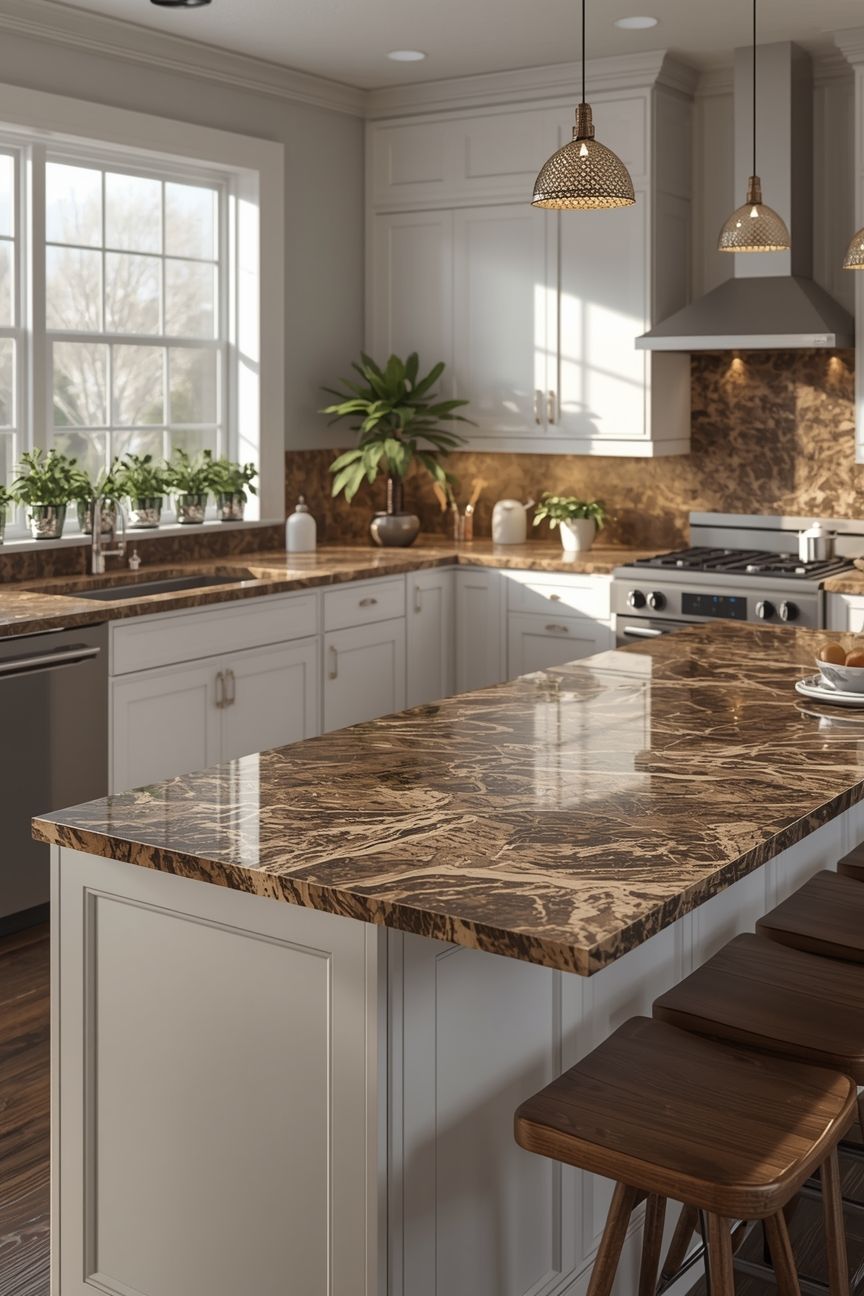 Đá granite sáng hoặc trắng bóng cho mặt bếp – ảnh tham khảo 7