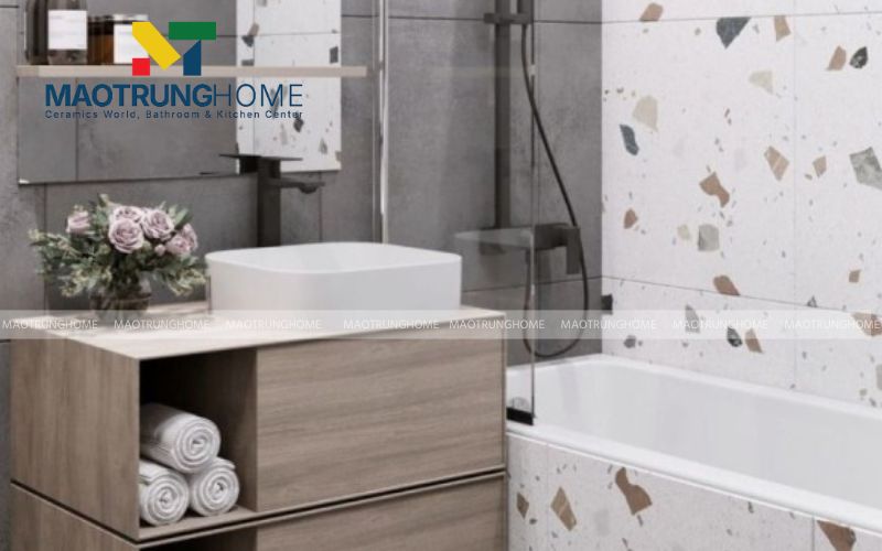 Gạch terrazzo pattern hoặc hạt lớn cho tường điểm nhấn